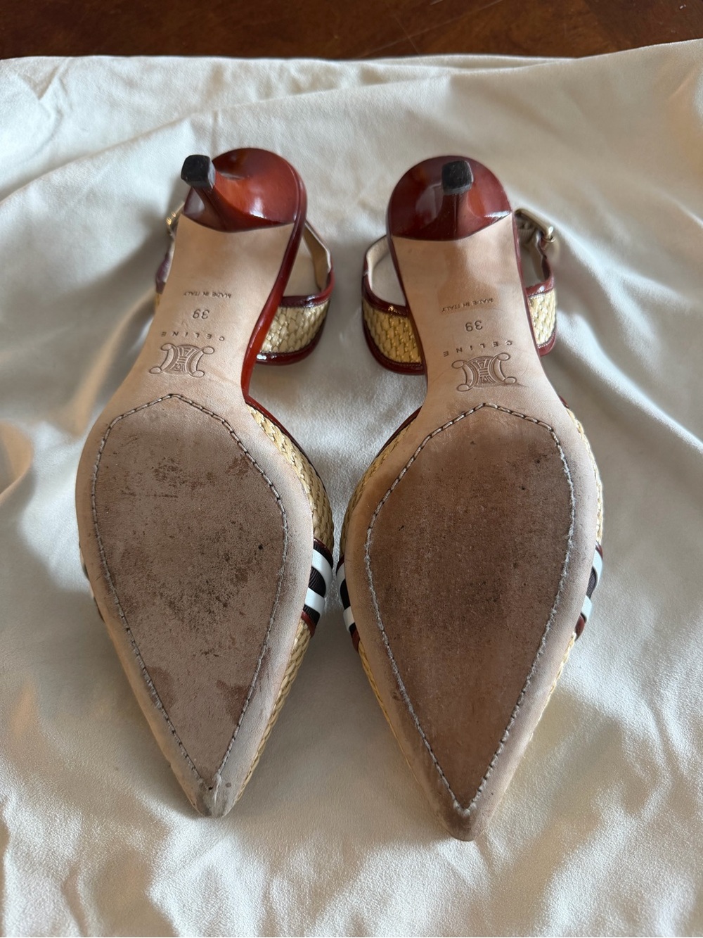 Celine Pointed Straw Slingback Heels in Brown, Natural & Black - Picture 3 of 4